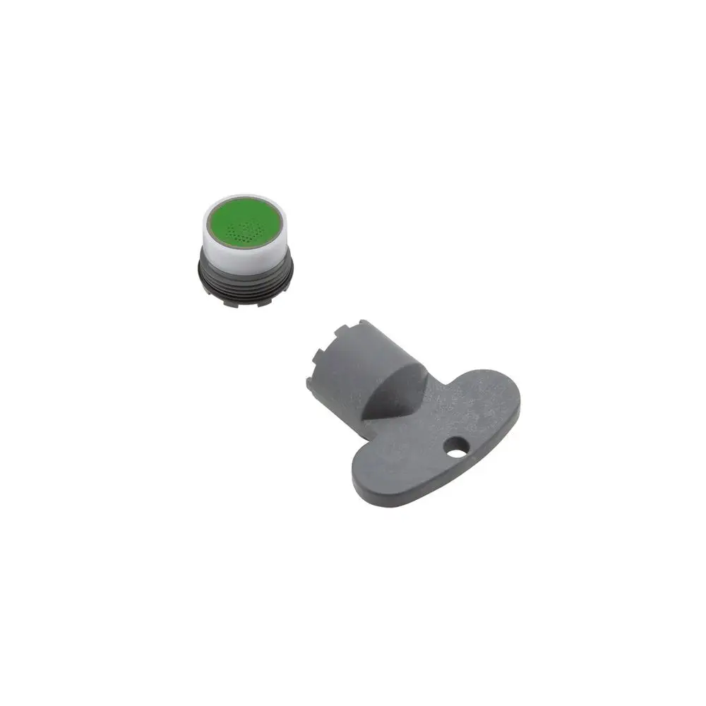 Luftsprudler mit grauem Gehäuse und grünem Spritzkopf, hergestellt von Hansgrohe. Abgebildet sind der Gehäuseteil und der abnehmbare Spritzkopf.